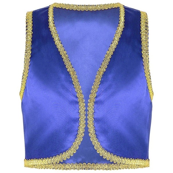 Kinderkostüm arabischer Prinz Goldene Jeansweste für Jungen Offene Weste mit goldenem Saum Cosplay-Party und Halloween-Kostüm aus Polyester blau 10