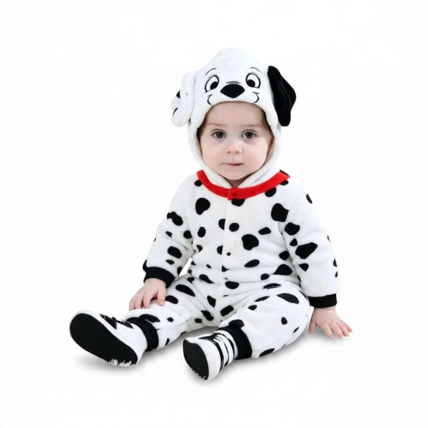 Kinderkostüm Dalmatiner Overall mit Kapuze Ohren und Hundegesicht Roter Kragen Flanell Weiß und Schwarz Unisex Für Karneval und Halloween 6-9 Monate