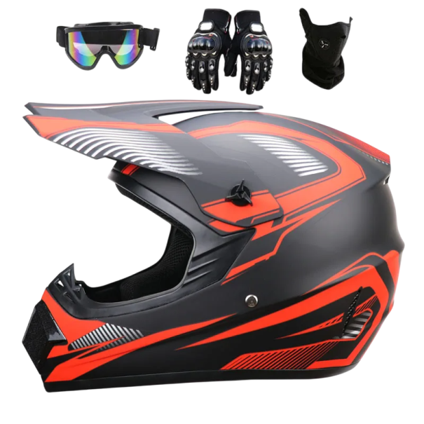 Kindermotorhelm met handschoenen en bril, integraalhelm van ABS met ventilatiesysteem, zonneklep en masker, zwarte opdruk zwart M (55-56 cm)