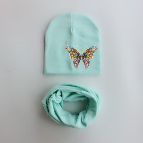 Kindermuts en halsdoekset met vlinder turquoise 6-12 maanden