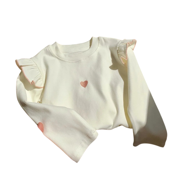 Kindermuts met hartje op de borst Katoen en polyester Lange mouwen met rimpeling op de schouders Effen top met ronde hals Voor meisjes Lente en herfst wit 9-12 maanden