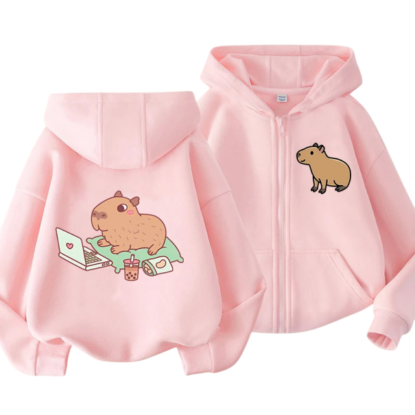Kindermuts met rits en capuchon met capybara motief Polyester Kawaii manga stijl met zakken Effen hoodie voor jongens en meisjes Verschillende kleuren roze 4