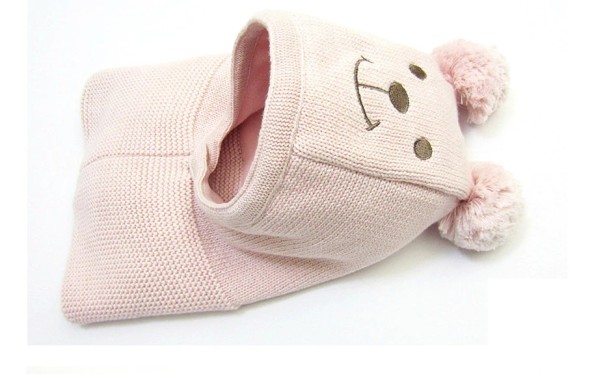 Kindermütze mit Nackenband in Form eines Teddybären J1853 rosa L