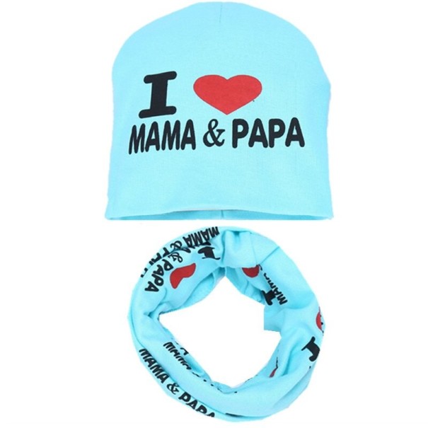 Kindermütze und Nackenband I love mama a papa türkis