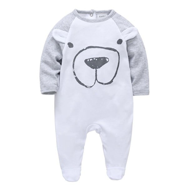 Kinderoverall met teddybeer Baby rompertjes met oortjes voor jongens wit-grijs met voetjes 0-3 maanden