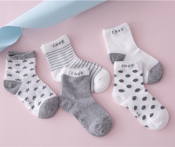 Kindersokken met diverse prints 5 paar J877 grijs 0-1 jaar