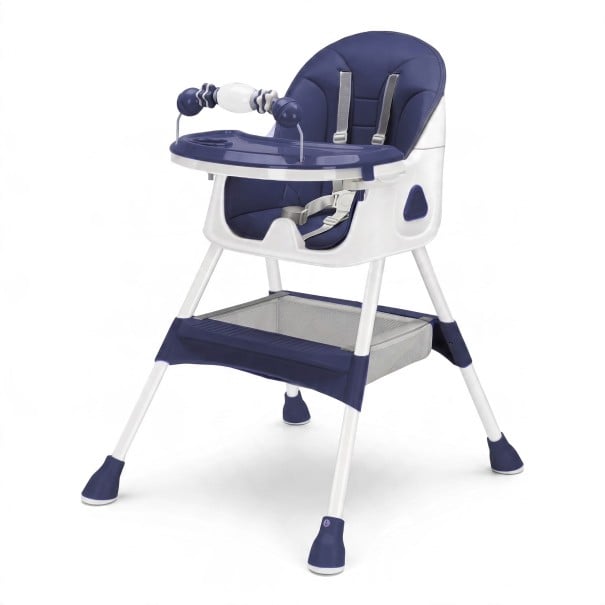 Kinderstoel 3-in-1 Vouwbaar Verstelbare Hoogte Dubbele Blad Speelboog met Speelgoed Opbergmand 6 maanden tot 4 jaar blauw