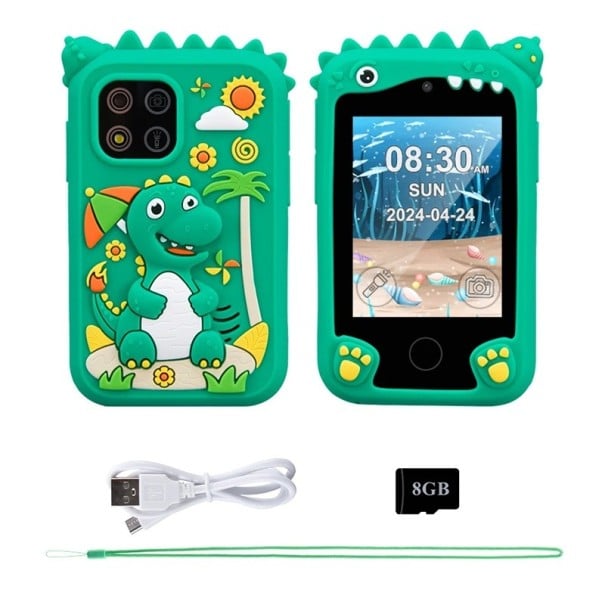 Kindertelefon mit Dinosauriermotiv und dualer Kamera mit 2,8" TFT-Display, 10 Lernspielen, 600 mAh Batterie und 8 GB Karte grün