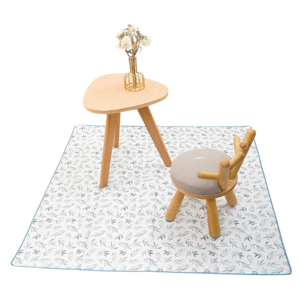 Kinderunterlage 110 × 110 cm Weiß mit Blättern Wasserabweisende faltbare waschbare Unterlage mit rutschfestem Silikonboden 1