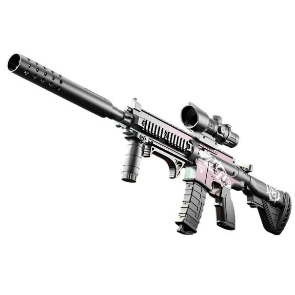 Kinderwaffe M416 ca. 77 cm Reichweite bis zu 10 m Kunststoffreplik mit weichen Geschossen, Magazin und Zielfernrohr Spielzeug für Actionspiele lila