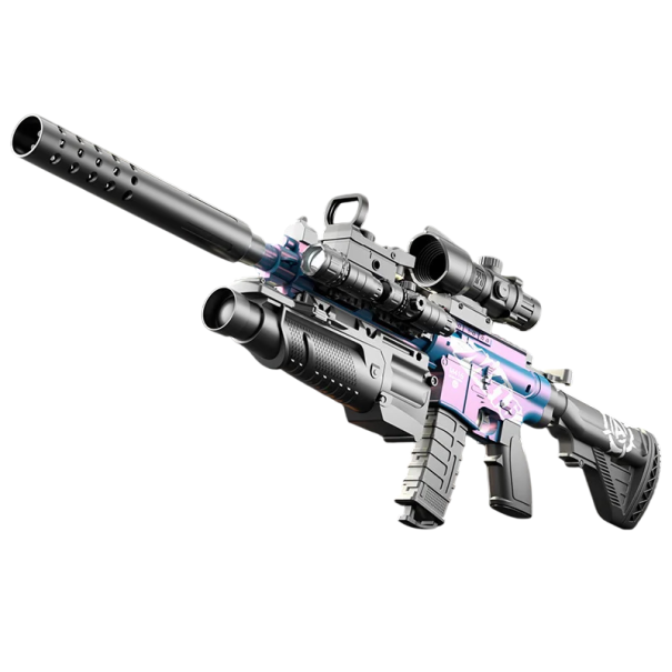 Kinderwaffe M416 ca. 77 cm Reichweite bis zu 10 m Kunststoffreplik mit weichen Kugeln, Magazin, Zielfernrohr, Taschenlampe und Laser Actionspielzeug lila