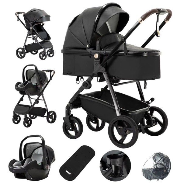 Kinderwagen 3 in 1 mit abnehmbarer Wanne und Sportsitz, robuster Rahmen, faltbar für Neugeborene und Kleinkinder schwarz