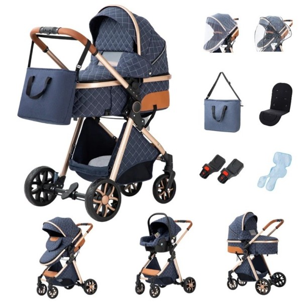 Kinderwagen 3 in 1 mit tiefem Korb und Autositz, klappbare Konstruktion, Baumwolle, für den täglichen Transport des Kindes blau
