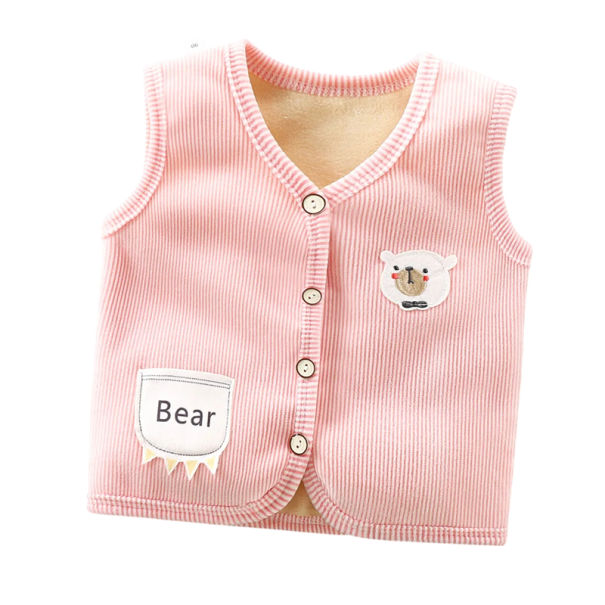 Kinderweste mit Futter Herbst- und Winterwarme Jacke für Jungen und Mädchen Samt Weste mit Knöpfen und Tasche mit Bärenstickerei und Bild eines Teddybären rosa 6-9 Monate