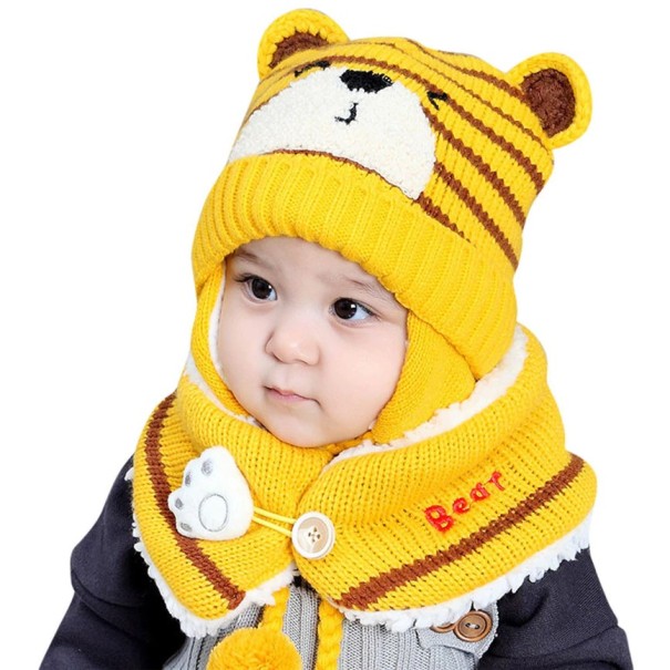 Kinderwintermuts en nekwarmer met teddybeer geel