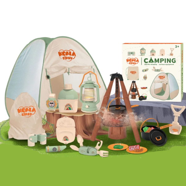 Kinderzelt mit Camping-Set 40 Teile, Spielset mit Feuerstelle, Laterne und Feldausrüstung, grün, Geschenk für Jungen und Mädchen ab 3 Jahren