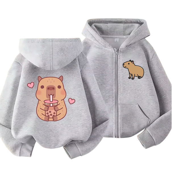 Kinderzipfelkapuzenpullover mit Kapibara-Motiv Polyester Kawaii Manga Stil Einfarbiger Pullover mit Taschen Unisex Kleidung für Jungen und Mädchen grau 8