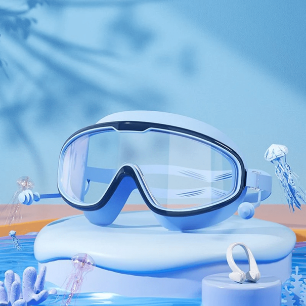 Kinderzwembril helder anti-condens Siliconen afdichting Groothoek polycarbonaat lenzen Comfortabel sportzwemmen blauw
