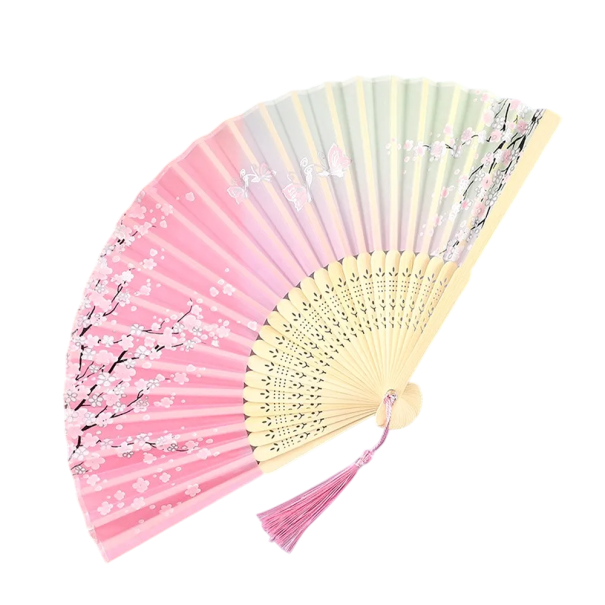 Kinesisk bambusvifte 21 x 38 cm Elegant vifte med lyserødt og gult design Blomstermotiv Dekoration Gave Traditionel asiatisk stil 1