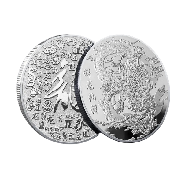 Kinesiskt metallmynt med drakemotiv Samlarmynt för tur Guldpläterat mynt med mytomspunna drake och kinesiska tecken Silverpläterat mynt i traditionell kinesisk stil 4 cm silver