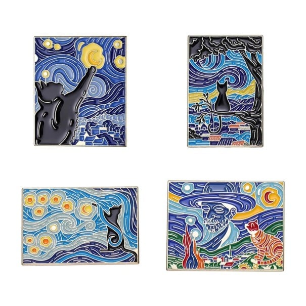 Kissamallisto 4 kpl taiteellinen aihe noin 2,5 x 3 cm monivärinen pinssi maalauksesta inspiroituna vaatteisiin reppuun lisäosa 1