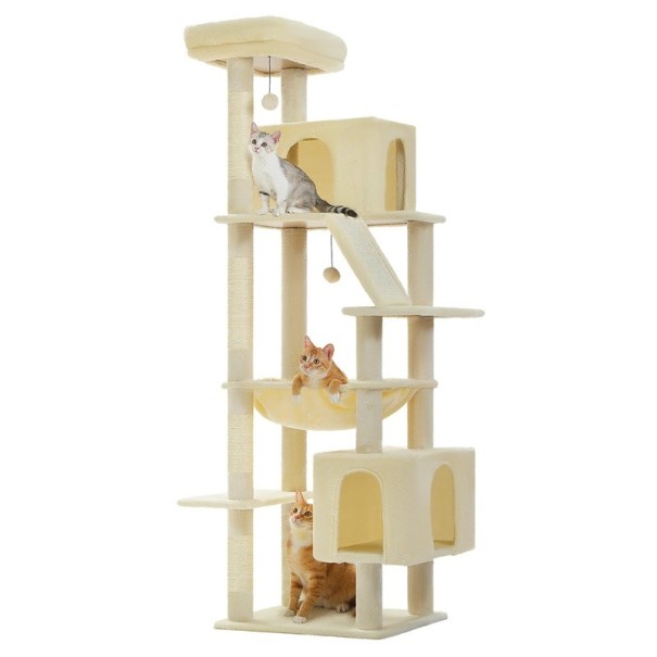 Kissapuu 180x55x45 cm Korkea sisäpuu kissoille Sisaliraapimella Keinuverkolla Kiipeilykokonaisuus Tilava lepopaikka beige