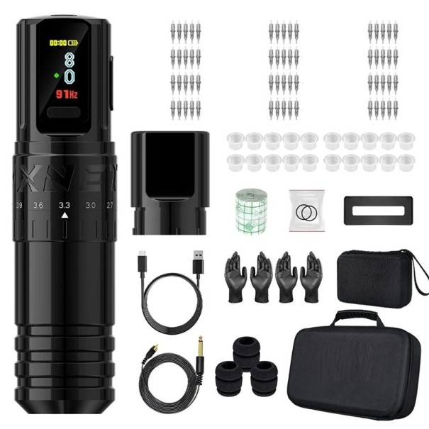 Kit avec machine à tatouer sans fil 14,5 x 3,6 cm Course réglable 2,4-4,2 mm Écran OLED 2400 mAh 10V 9000 tr/min RCA et sans fil noir