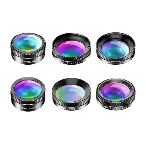 Kit d'objectifs pour mobile 6 en 1 Fish Eye 205° Grand angle 140° Macro 25x Filtres CPL ND32 et Étoilé Avec clip Noir pour iOS et Android 1