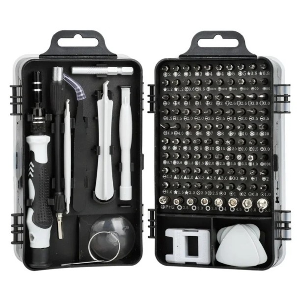 Kit d'outils 122 en 1 pour réparations de téléphones mobiles et d'électronique fine Tournevis de précision Levier Ventouse Adaptateurs Magnétiseur gris