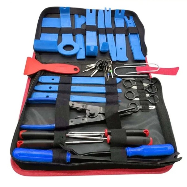 Kit d'outils pour le démontage de l'intérieur de voiture 38 pièces Outils pour garniture, tableau de bord, panneaux de porte et moulures avec étui zippé bleu