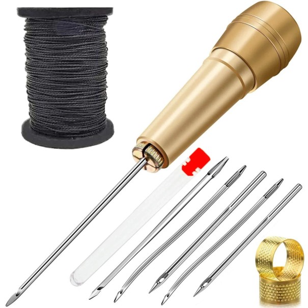 Kit de costura manual de cuero con mango de latón, 5 agujas, devanador de hilo y dedo para reparación de calzado, tapicería y productos de cuero. negro