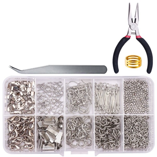 Kit de fabrication de bijoux 710 pièces avec pinces et pince à épiler gris