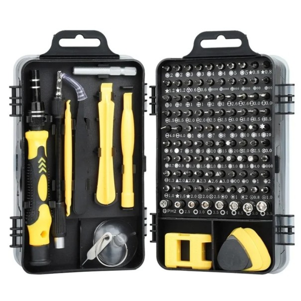 Kit de herramientas 122 en 1 para reparaciones de teléfonos móviles y electrónica fina Destornilladores de precisión Palancas Ventosa Accesorios Magnetizador amarillo