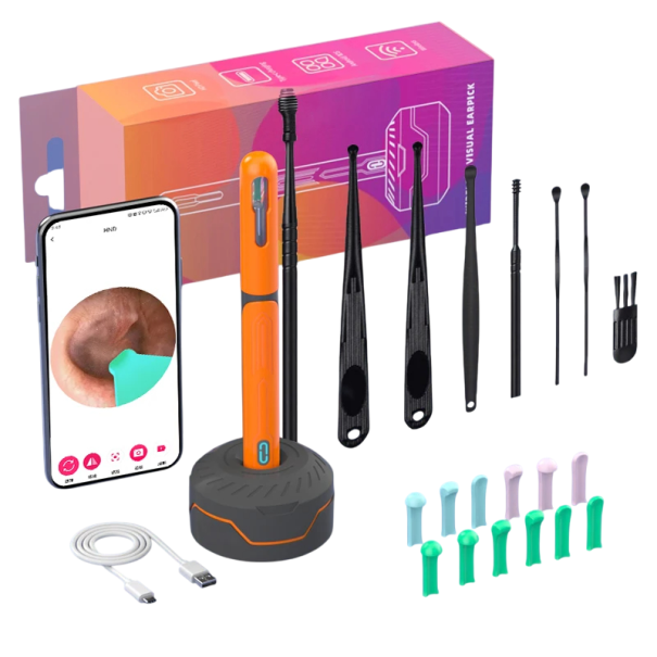 Kit de herramientas para limpieza de oídos con cámara HD WiFi, endoscopio de inspección, giroscopio de 6 ejes, lente giratoria, accesorios intercambiables e iluminación LED. naranja