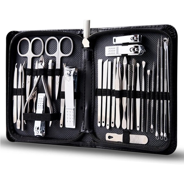 Kit de manucure et de pédicure Outils multifonctionnels pour les ongles des mains et des pieds Kit de coupe-ongles, lime, cuillère auriculaire, ciseaux, pince à épiler Ensemble d'outils dans un étui en cuir 30 pièces noir