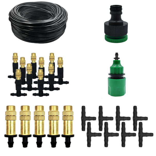 Kit de nebulización Manguera de 25 m Boquillas de latón Sistema de refrigeración de jardín con conectores y acoplamientos para riego de terrazas e invernaderos 1