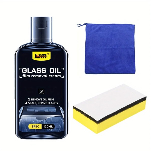 Kit de nettoyant pour vitres contre les films huileux et les taches d'eau 120 ml liquide bleu-noir-jaune pour vitres automobiles et domestiques 1