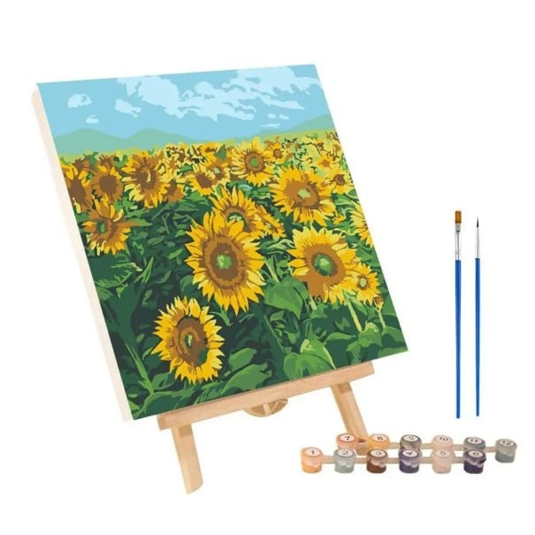 Kit de pictură după numere 20x20 cm, peisaj cu flori de soare, vopsele acrilice, pensule pentru pânză, ramă, decorare de perete, hobby creativ 1