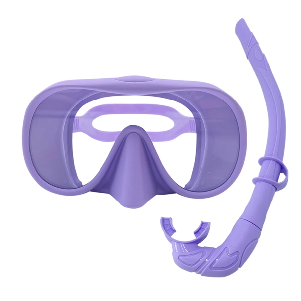 Kit de plongée en apnée avec masque panoramique 180° en verre trempé anti-buée et tuba pliable en silicone pour la plongée violet