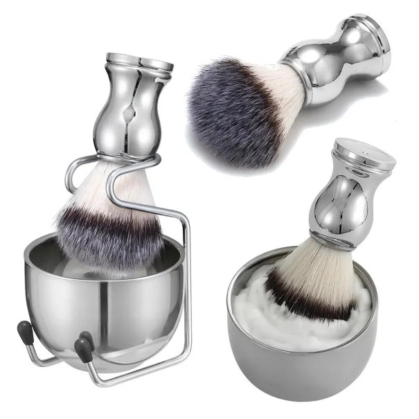 Kit de rasage pour barbe 3 en 1 Acier inoxydable Brosse 10,5 x 3,4 cm Bol 8,2 x 5,8 cm Support 8 x 11 cm Ensemble pour hommes pour le rasage 1