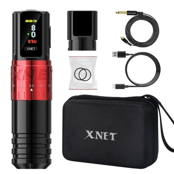 Kit de stylo de tatouage sans fil avec une capacité de batterie de 2400 mAh Machine de tatouage électrique et maquillage permanent avec câble USB-C et câble RCA Machine à tatouer avec écran OLED pour débutants et professionnels dans le kit Stylo de tatouage durable avec course réglable 14,5 x 3,6 cm rouge