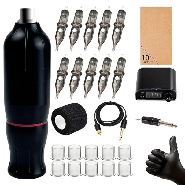 Kit de tatouage avec machine à tatouer rotative sans fil 10,3 x 2,8 cm Faible bruit Kit d'aiguilles de tatouage Ensemble professionnel 1