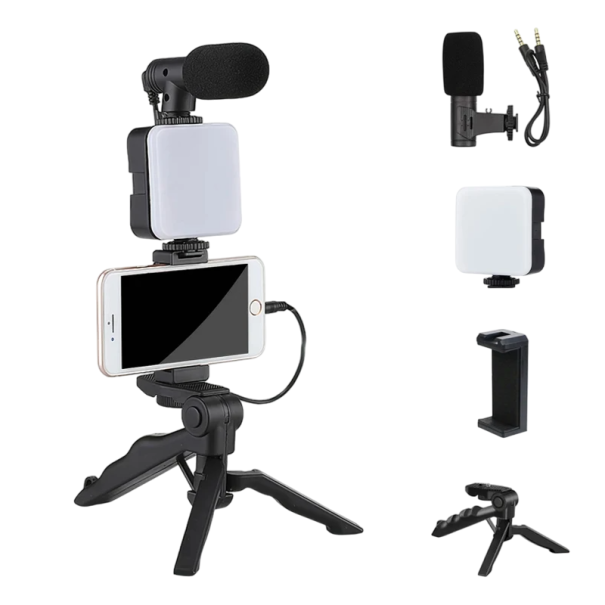 Kit de vlogging para teléfono inteligente Soporte estabilizador portátil con micrófono y luz LED Grabación profesional de videos para YouTube 1