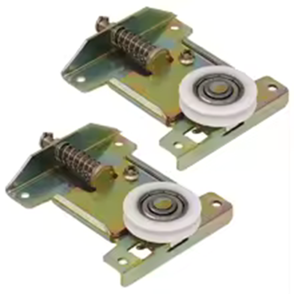 Kladky pro posuvné dveře s pružinovým mechanismem a vodicím kolečkem, kov a plast, zlatý pozinkovaný povrch, náhradní díl 1