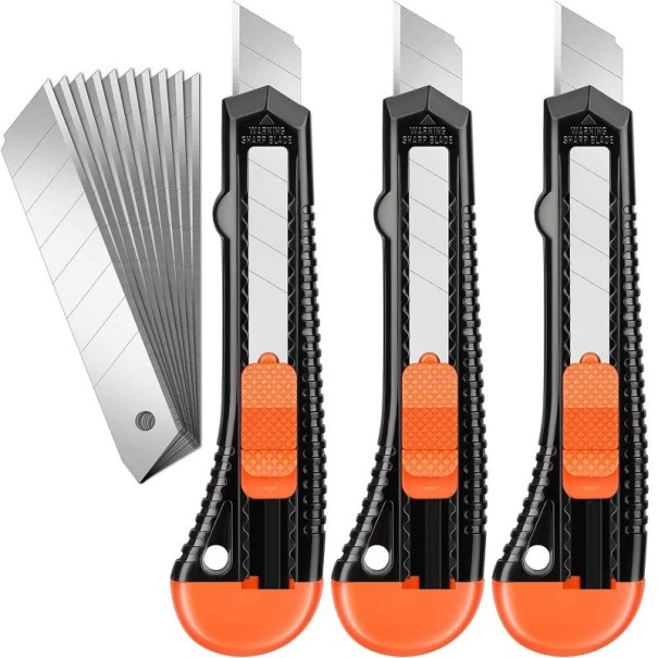 Klappmesser 3-tlg. 15 cm mit 10 Ersatzklingen 18 mm Universalschneider für Karton Teppich Papier Hobby Werkstatt Arbeitsgerät
