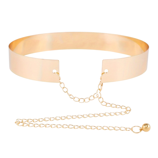 Klassischer Taillengürtel aus Metall. Elegante Gürtelkette mit verstellbarem Verschluss. Stilvolles Modeaccessoire für Kleider, Röcke golden