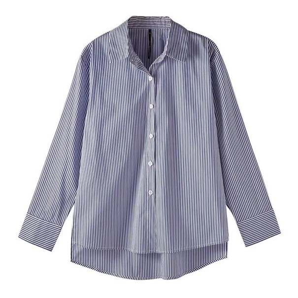 Klassisches blau-weiß gestreiftes Damenhemd mit langen Ärmeln und Kragen Lange, lockere Bluse mit Knöpfen Eleganter und bequemer Schnitt S