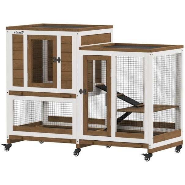 Klec pro králíky a hlodavce s výběhem a dvěma rampami 110 x 50 x 86 cm Otevíratelná střecha i odnímatelný podnos Kolečka s brzdou Hnědobílá 1