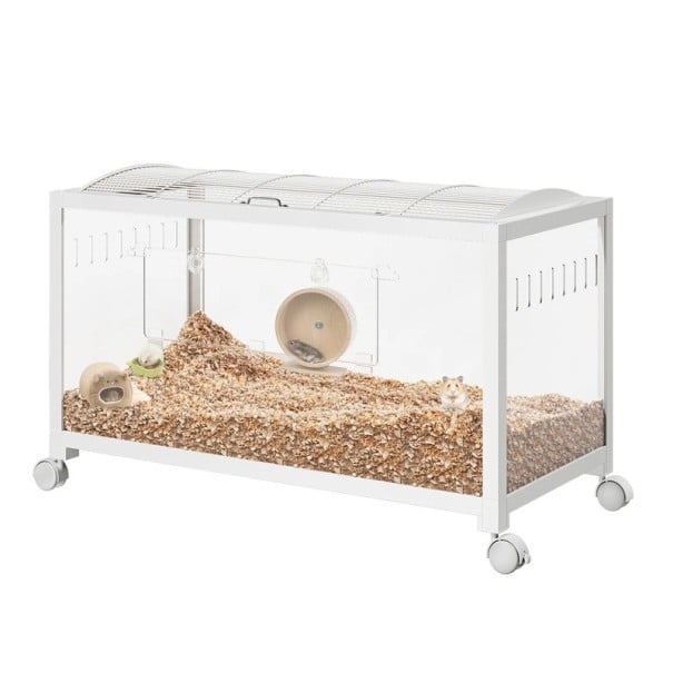 Klec pro křečka odolná proti kousání s průhlednými stěnami a kolečky 96 x 47 x 50 cm Mřížové víko s madlem a zábrana na podestýlku Bílá 1