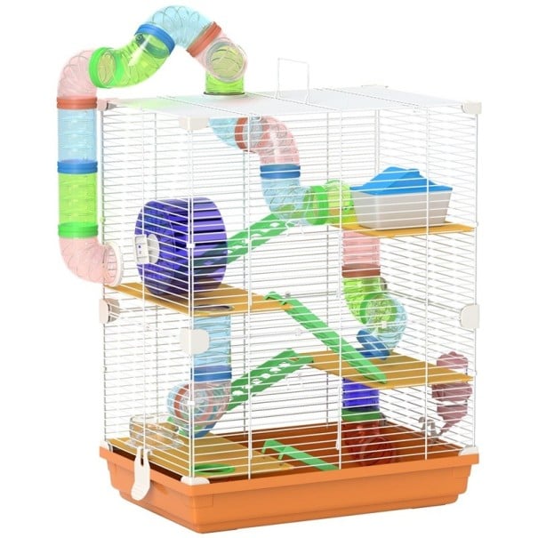 Klec pro křečky s tunely a běhacím kolečkem 46 x 30 x 58 cm Patrová konstrukce s domkem napáječkou a žebříky Rozteč mřížky 0,9 cm oranžová